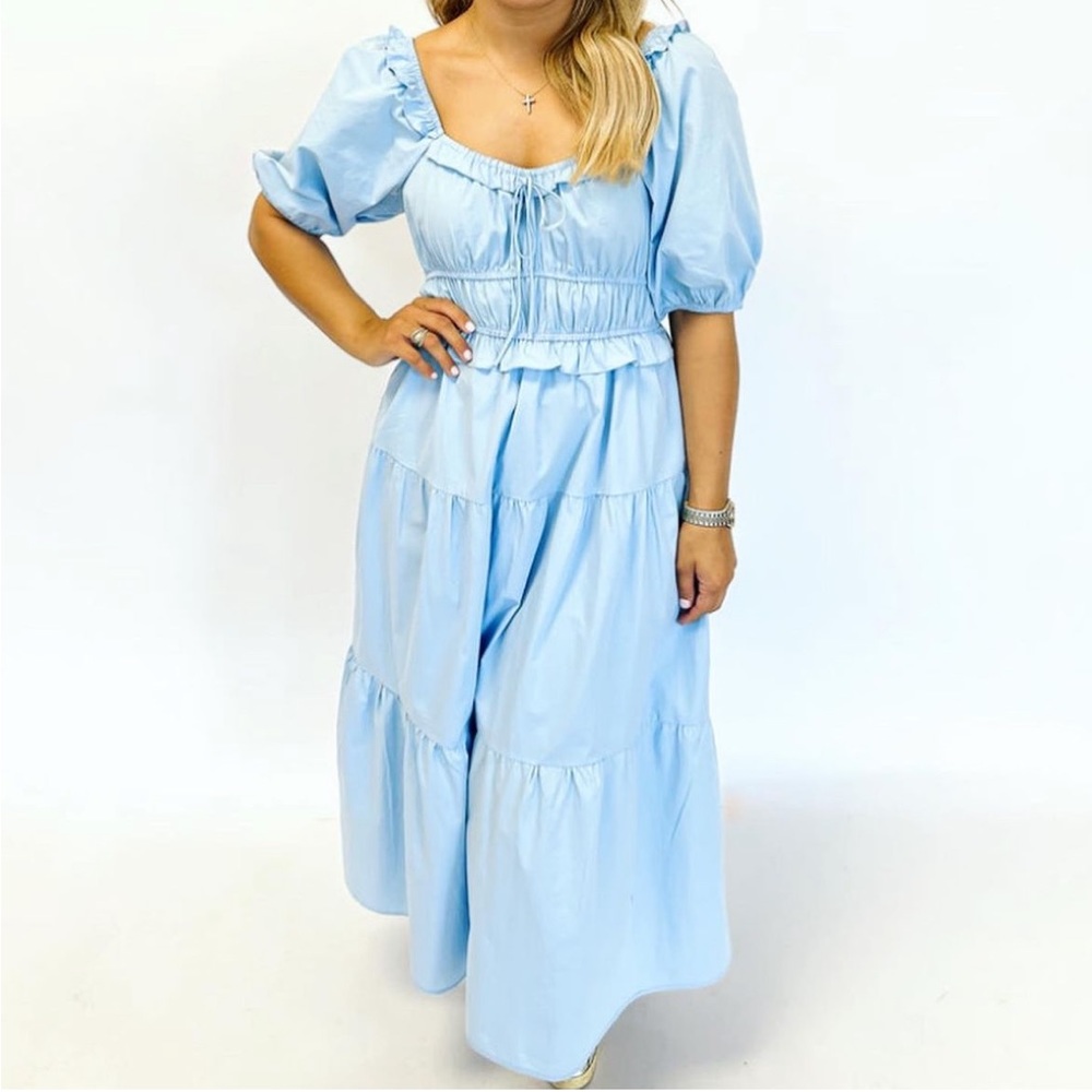Blue puff sleeve maxi dress with tie